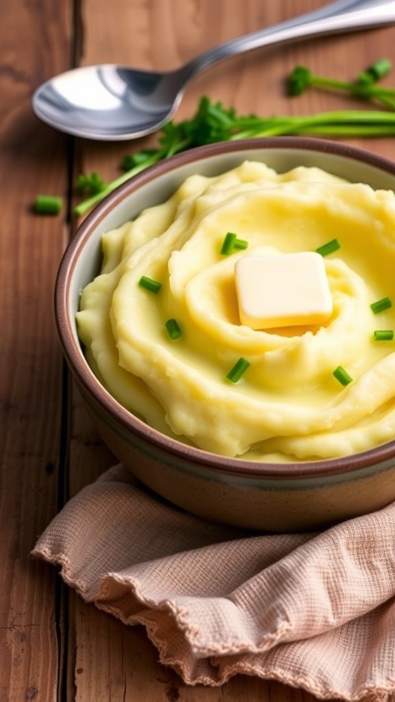 A bowl of creamy mashed Yukon Gold potatoes with butter and chives on a rustic wooden table.